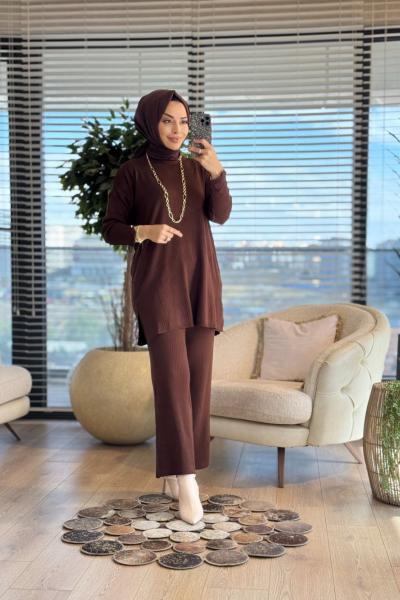 7016 Vanezia Fitilli Triko Pantolonlu Takım Koyu Kahve