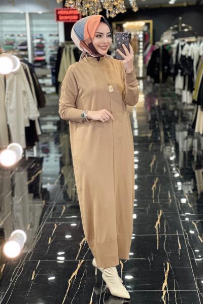 7017 Öpücük Yaka Vanezia Elbise Latte