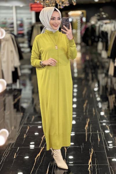 7017 Öpücük Yaka Vanezia Elbise Yağ Yeşili