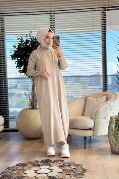 7025 Patı Fermuarlı Vanezia Elbise Bej