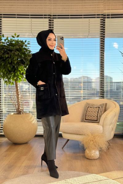 7032 Peluş Robası Saçörgü Trikolu Kısa Kap Siyah