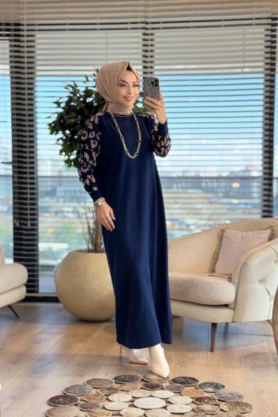 7050 Kolları Leoparlı Vanezia Elbise Lacivert