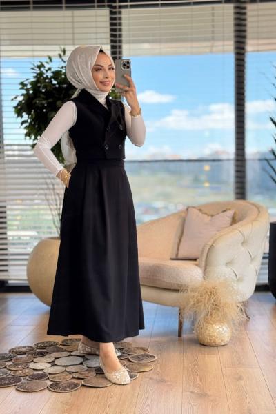 71013 Dört Düğme Yelek Etekli Takım Siyah