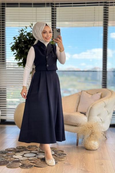71013 Dört Düğme Yelek Etekli Takım Lacivert