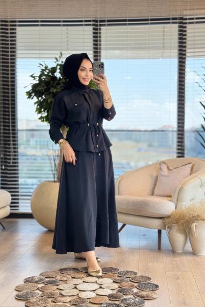 71028 Tek Cep Bel Bağcıklı Etekli Takım Siyah