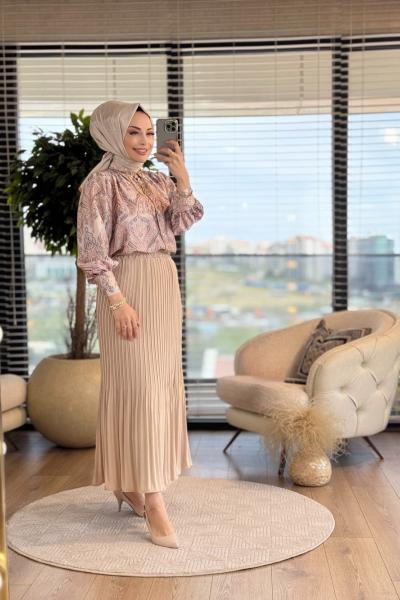 71029 Şal Desen Gömlek Pilise Etekli Takım Bej