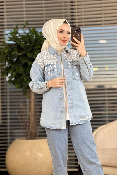 7120 Roba Pul Çiçek İşlemeli Kot Ceket Mavi