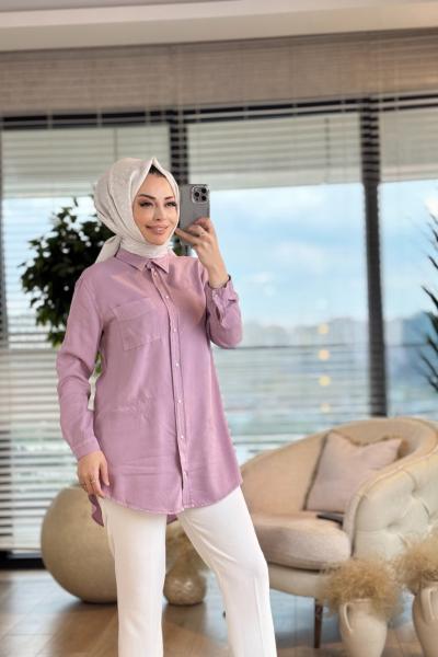 7127 Tencel Yıldız Nakışlı Tunik Pembe