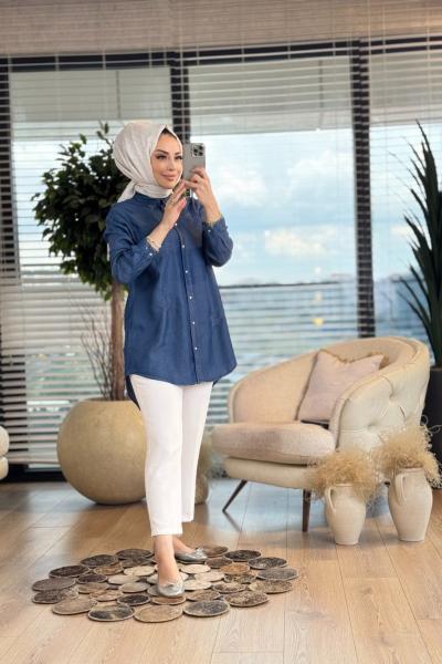 7127 Tencel Yıldız Nakışlı Tunik Koyu Mavi