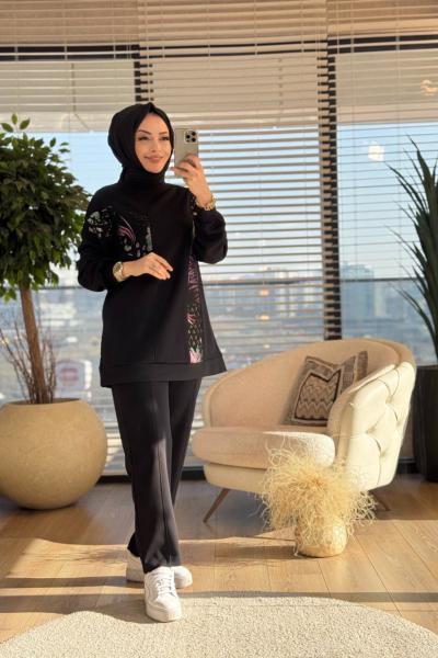 7166 Ön Desen Parçalı Takım Siyah Gül