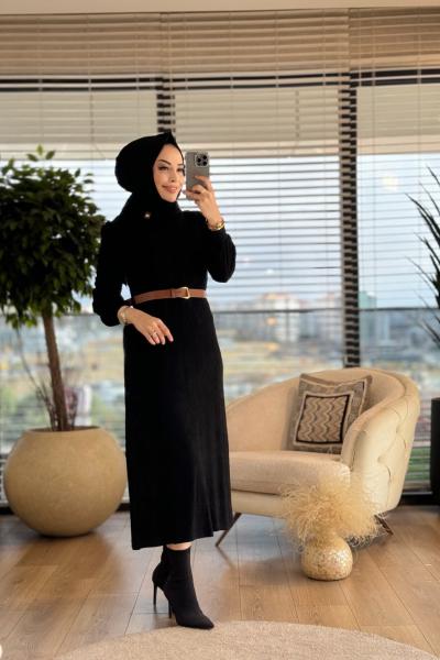 7187 Triko Kendinden Baklava Desen Elbise Siyah