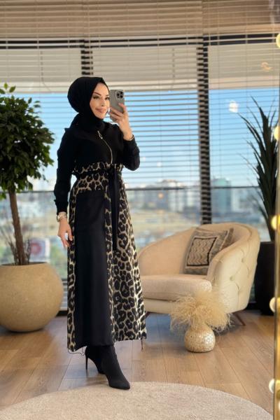 7189 Arkası Ve Eteği Leopar Desen Elbise Siyah Haki