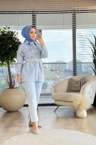 7198 Üstü Taş Baskı Kemerli Kot Takım Mavi