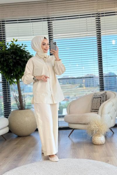 7205 Keten Pantolonlu Takım Ekru