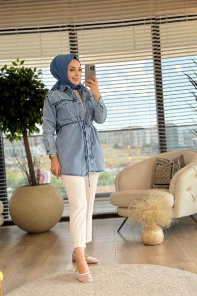 7211 Roba Parça Üstü İnci İşli Kot Ceket Mavi