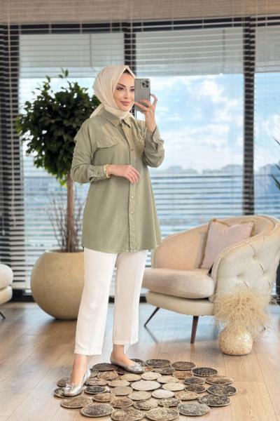 7242 Sağ Omuz Yaprak İnci İşleme Tencel Tunik Haki