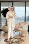 7248 Tencel Sağ Omuz İnci Çiçek İşlemeli Tunik Ekru