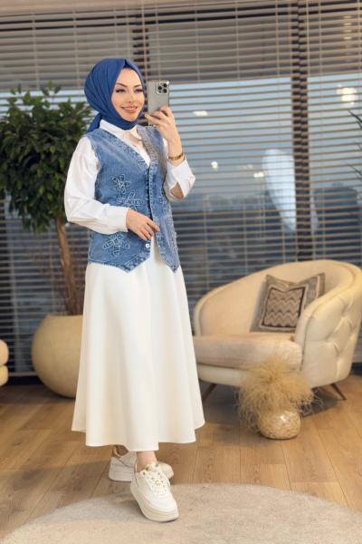 7249 Ön Çiçek Nakışlı Kot Yelek Koyu Mavi