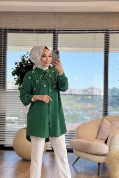 7250 Tencel Roba Kare Parçalı Gömlek Yeşil