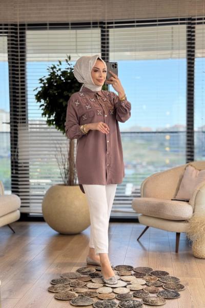 7250 Tencel Roba Kare Parçalı Gömlek Vizon