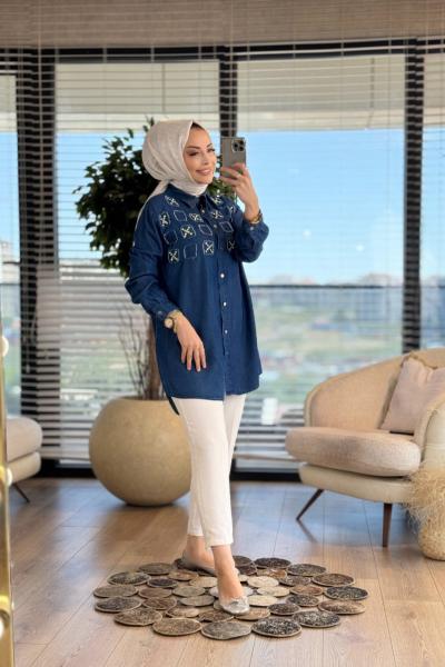 7250 Tencel Roba Kare Parçalı Gömlek Koyu Mavi