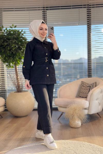 7260 Tencel Önden Düğmeli 3 Cepli Takım Siyah