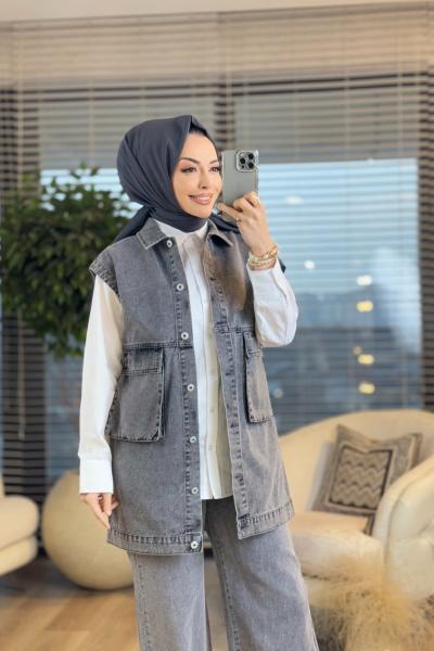 7286 Ön Büyük Cepli Kot Yelek Antrasit