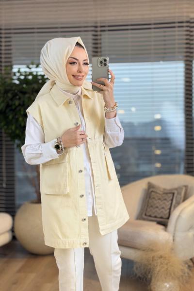 7286 Ön Büyük Cepli Kot Yelek Ekru