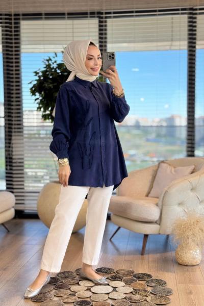 7297 Tencel Sol Taraf Saçak Dal Nakış Gömlek Lacivert