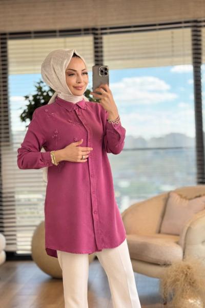 7299 Tencel Sol Göğüs Boncuk Dal İşli Gömlek Pembe