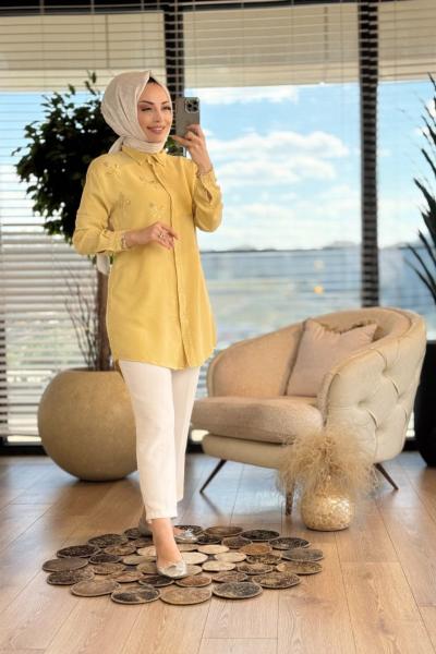 7299 Tencel Sol Göğüs Boncuk Dal İşli Gömlek Sarı