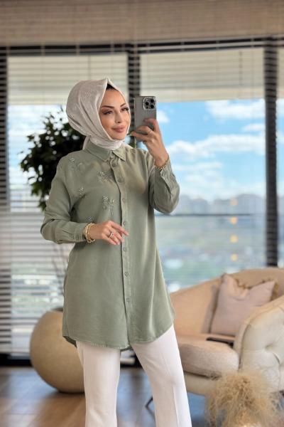 7299 Tencel Sol Göğüs Boncuk Dal İşli Gömlek Yeşil