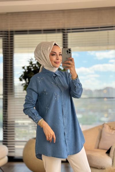 7299 Tencel Sol Göğüs Boncuk Dal İşli Gömlek Açık Mavi