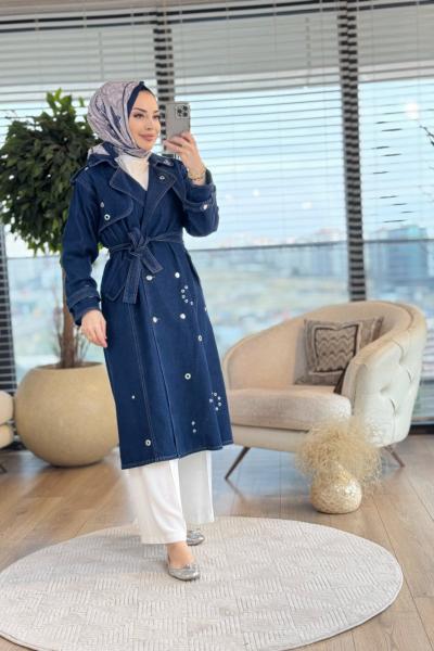 7303 Üstü Zımba Detaylı Kot Trenç Lacivert