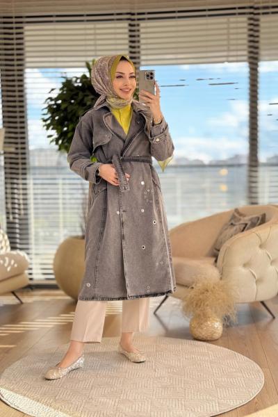 7303 Üstü Zımba Detaylı Kot Trenç Antrasit