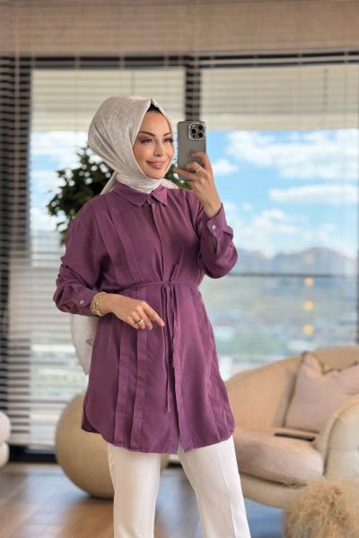 7322 Tencel Ön Pileli Gömlek Mürdüm