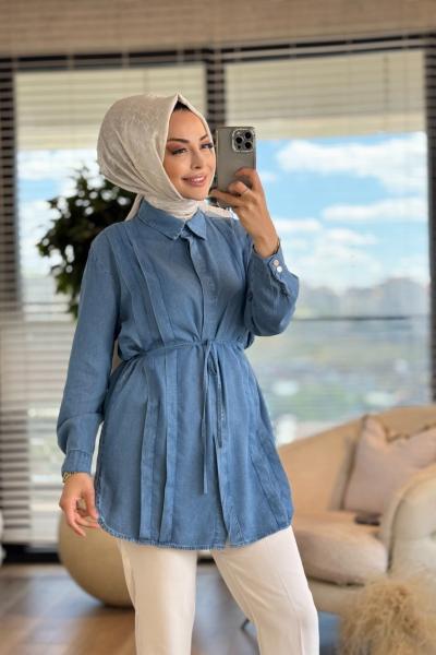 7322 Tencel Ön Pileli Gömlek Açık Mavi