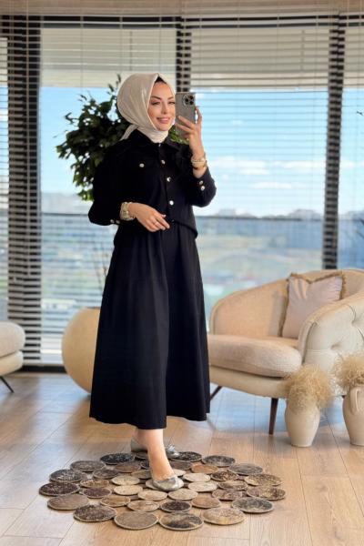 7358 Çiçek Broşlu Etekli Kot Takım Siyah