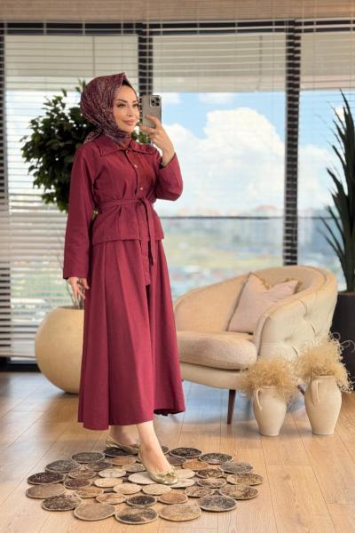 7361 Ön Metal Düğmeli Etekli Takım Bordo