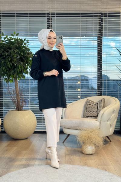 7363 Sağ Taraf Baklava Triko Detaylı Tunik Siyah