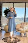7373 Tencel Tek Cepli Uzun Tunik Mavi