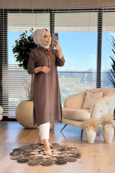 7373 Tencel Tek Cepli Uzun Tunik Kahve