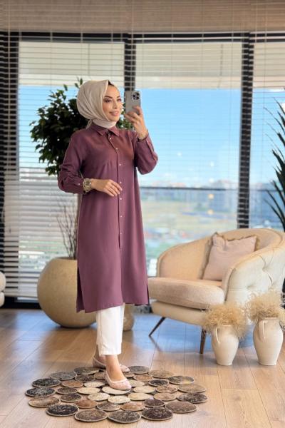7373 Tencel Tek Cepli Uzun Tunik Mürdüm
