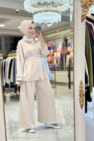 7423 Ön Pile Dikişli Ve Fermuarlı Takım Bej