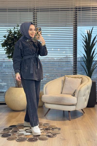 7445 Kot Ön Cepli Yakası Çiçek Nakışlı Takım Antrasit