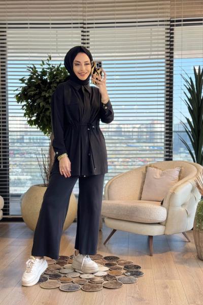 7459 Cepli Beli Büzgülü Takım Siyah