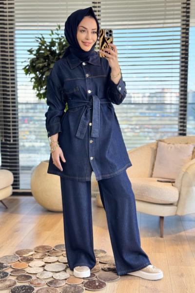 7460 Kot Ön Metal Düğmeli Kuşaklı Takım Lacivert