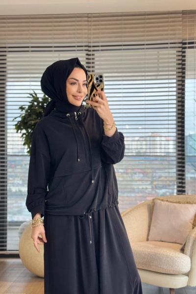 7473 Patı Fermuarlı Bel Parçalı Kapşonlu Takım Siyah