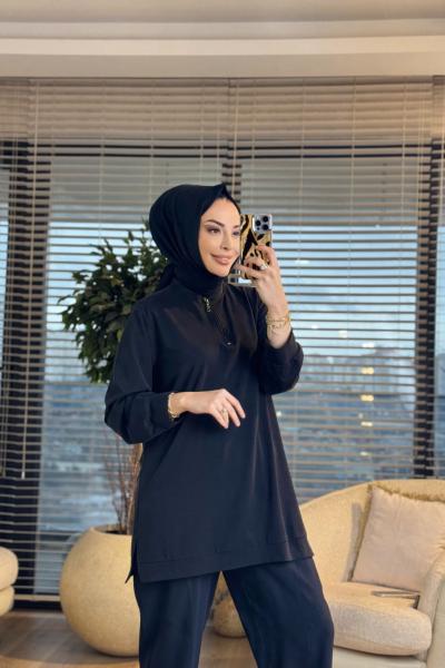 7474 Oysho Patı Fermuarlı Tunik Siyah
