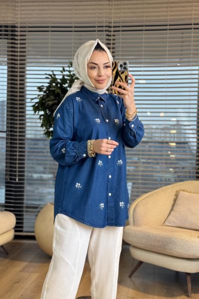 7476 Tencel Üstü Çiçek Nakışlı Gömlek Lacivert